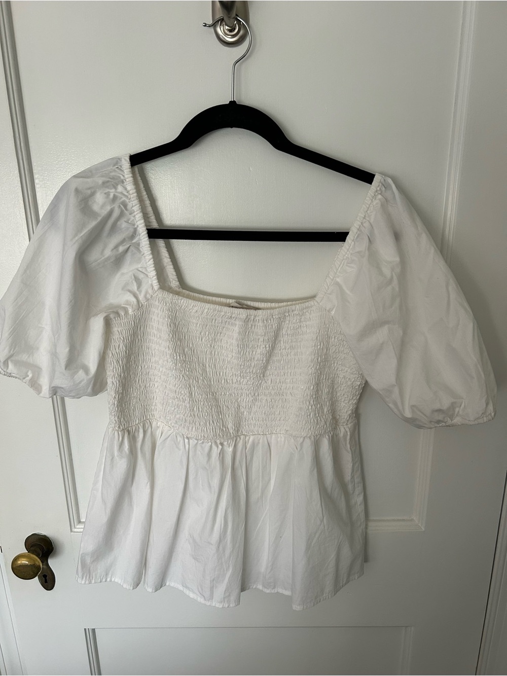 LOFT White Square Neck Puff Sleeve Smocked Peplum Top